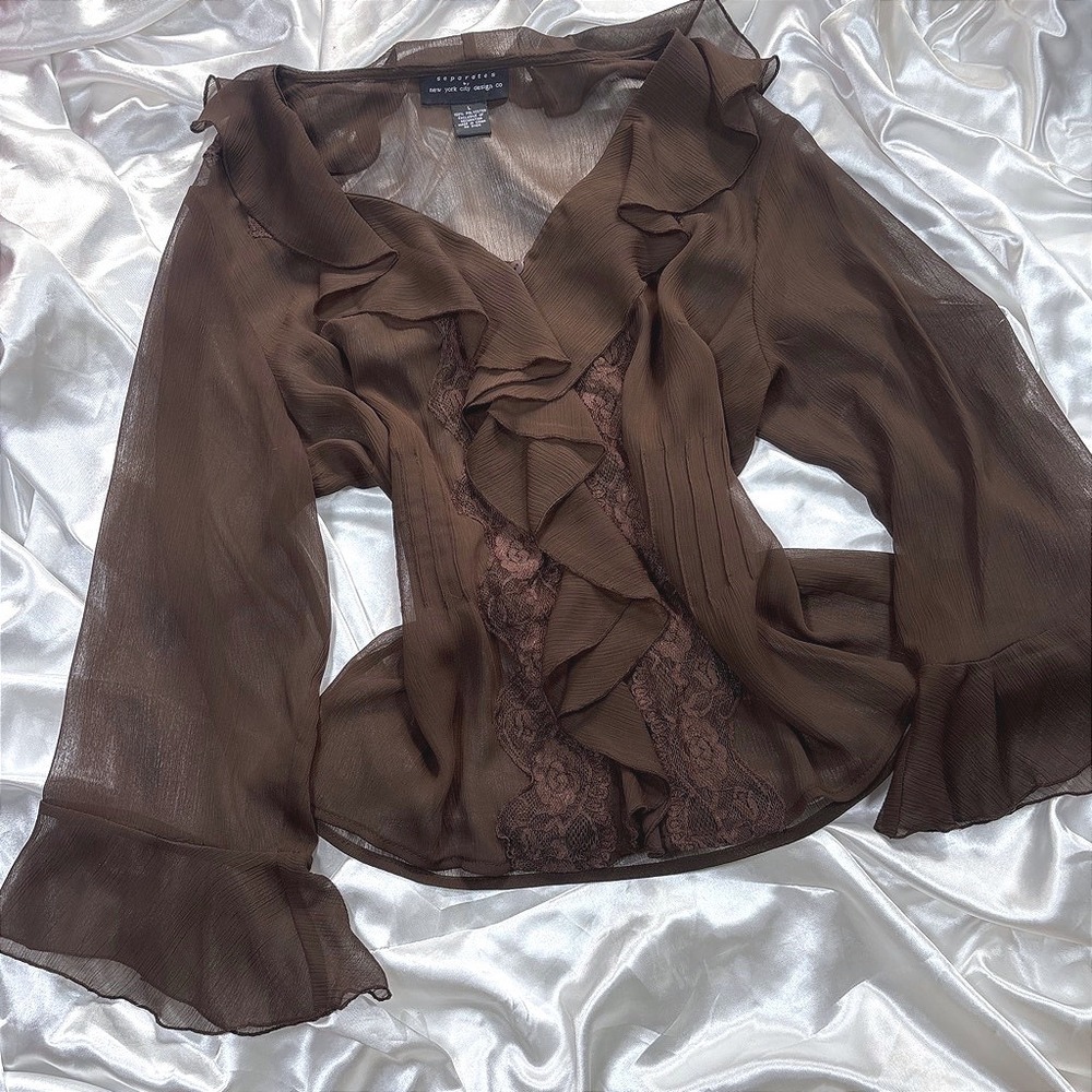 y2k Blouse Brown Excellent Sheer Ruffle Lace Bell Sleeve Separates NYC Design Co